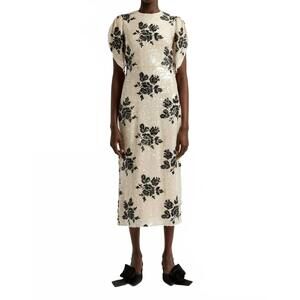 NEW ERDEM short sleeve floral sequined pencil dress in white/black